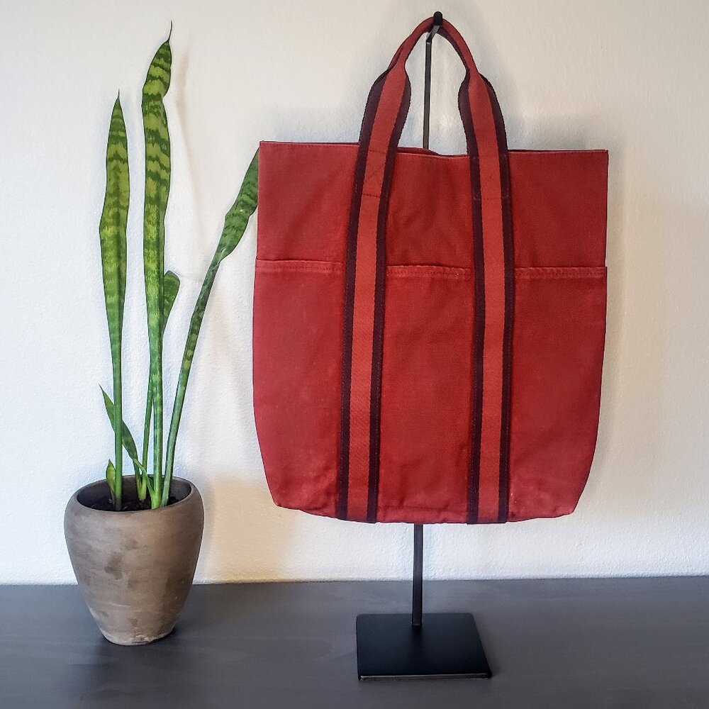 Hermes Fourre Tout Cabas Tote - Maroon Red Canvas w/ Maroon & Burgundy Stripe